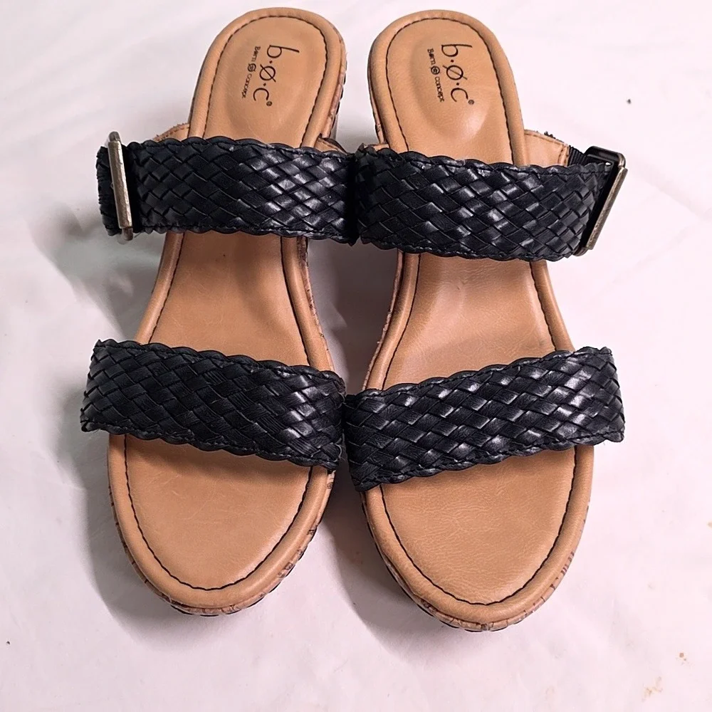 b.o.c. Wedge Sandals Womens 11 Black Woven Strappy Cork Platform Slip On Boho